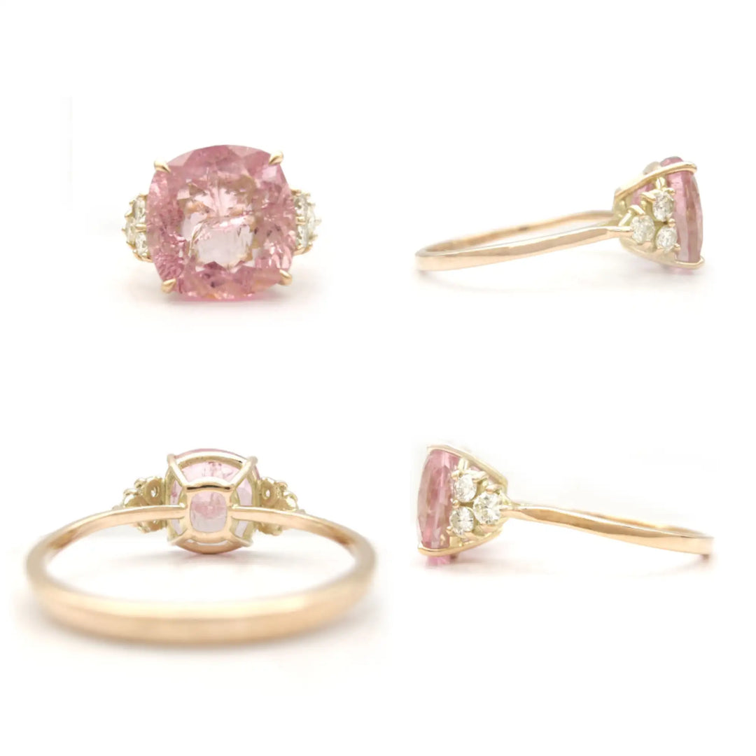 Radiant Pink Tourmaline and Diamond Ring in 14K Solid Gold