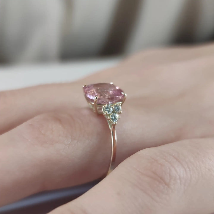 Radiant Pink Tourmaline and Diamond Ring in 14K Solid Gold