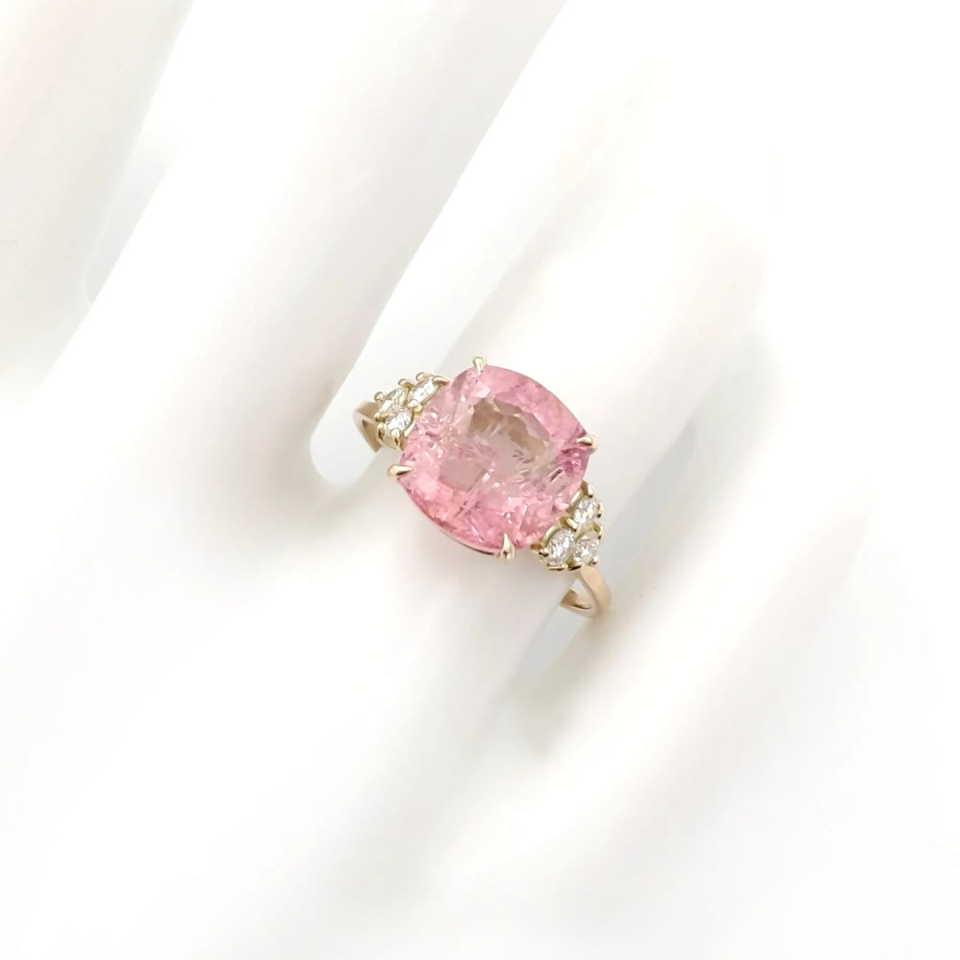 Radiant Pink Tourmaline and Diamond Ring in 14K Solid Gold