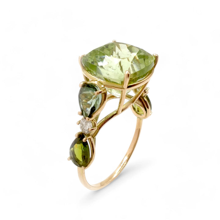 Handcrafted Green Tourmaline Diamond Ring in 14K Gold