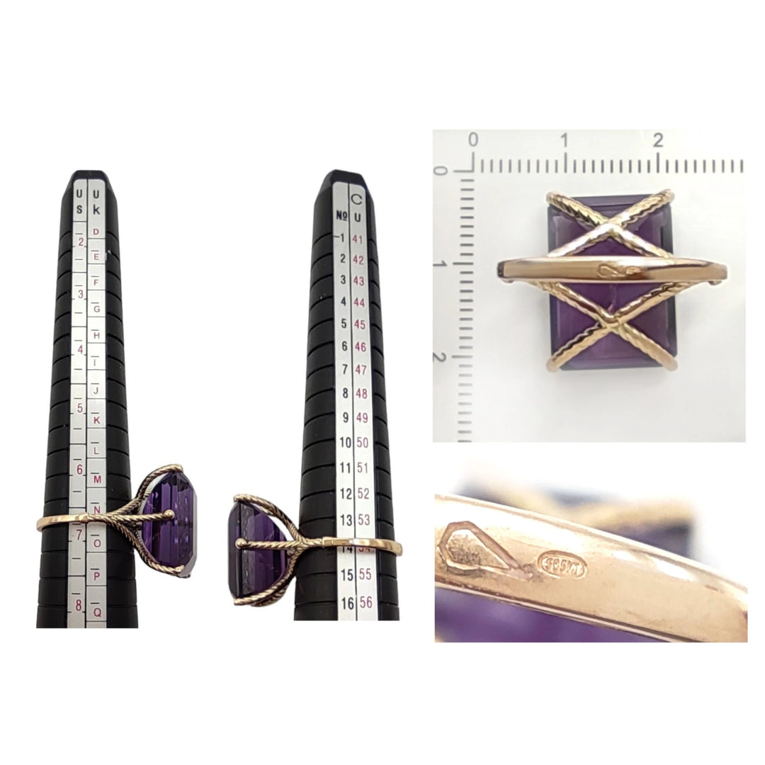 Measurement scale and size chart for a 14K yellow gold ring featuring a bold amethyst set in twisted prongs for a unique and artistic style