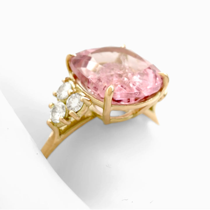 Radiant Pink Tourmaline and Diamond Ring in 14K Solid Gold