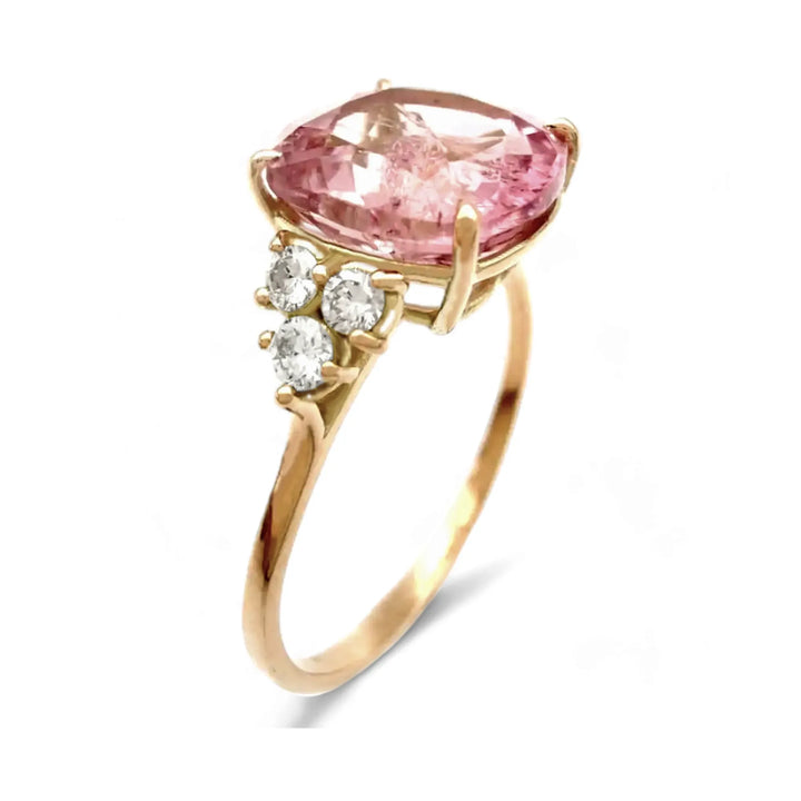 Radiant Pink Tourmaline and Diamond Ring in 14K Solid Gold