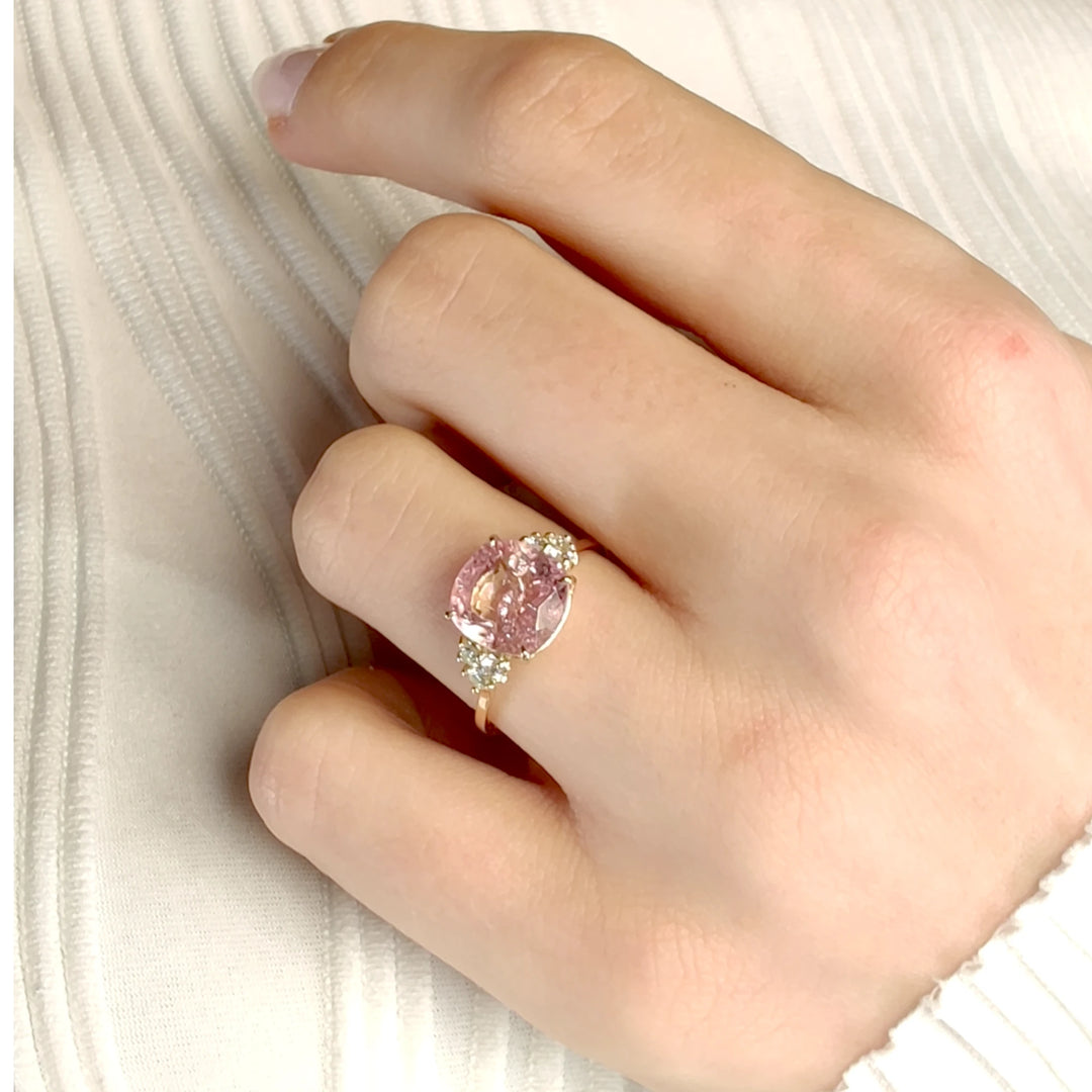 Radiant Pink Tourmaline and Diamond Ring in 14K Solid Gold