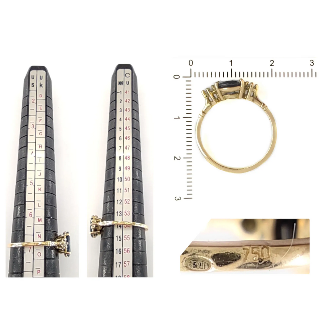 Measurement scale and size chart for a three-stone sapphire engagement ring in 18K yellow gold with diamonds, ideal for Black Friday or Christmas proposals