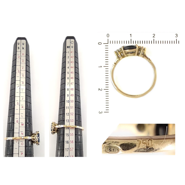 Measurement scale and size chart for a three-stone sapphire engagement ring in 18K yellow gold with diamonds, ideal for Black Friday or Christmas proposals