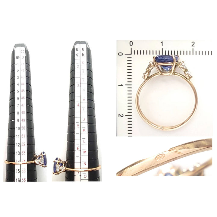 Measurement scale and size chart for a 14K yellow gold Tanzanite engagement ring with diamonds