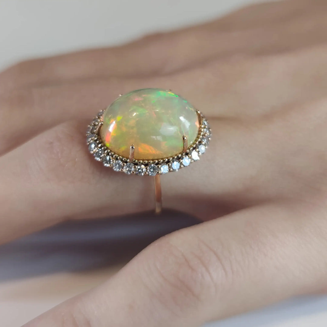 Opal Diamond Halo Ring in 14K Gold - Handcrafted