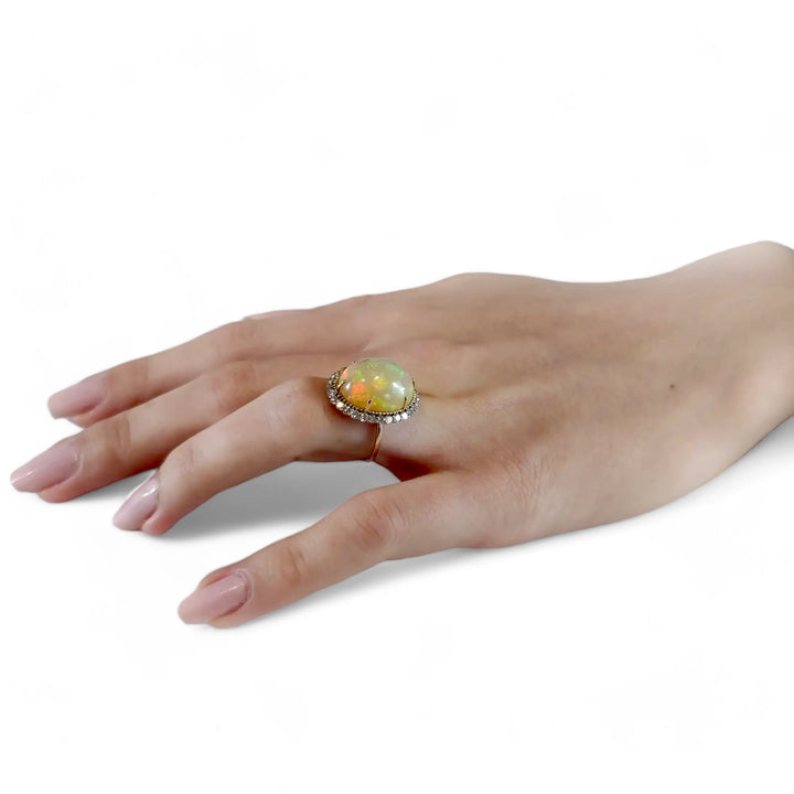 Opal Diamond Halo Ring in 14K Gold - Handcrafted