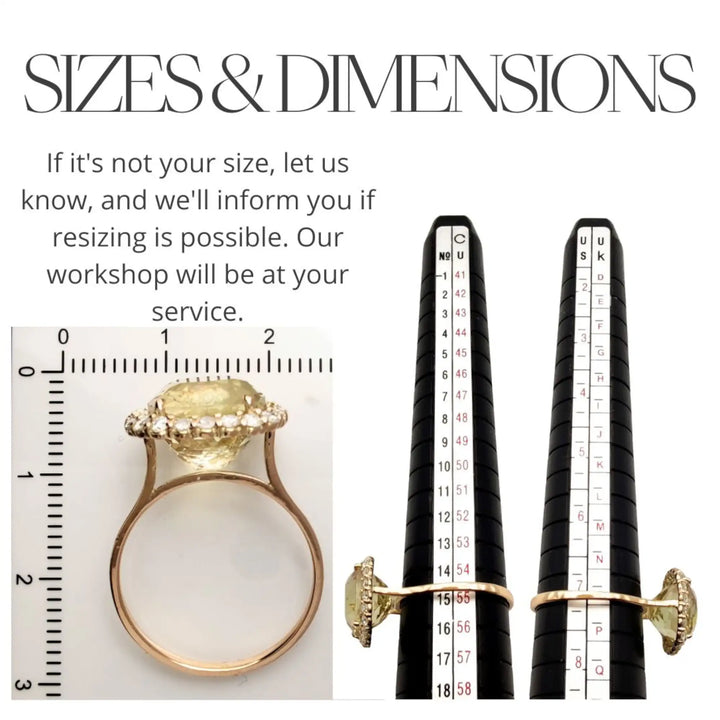 Measurement scale and size chart for a 14K yellow gold ring with a yellow Tourmaline centerpiece and diamond halo